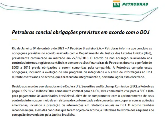 Petrobras conclui obrigações previstas em acordo com Departamento de Justiça dos EUA