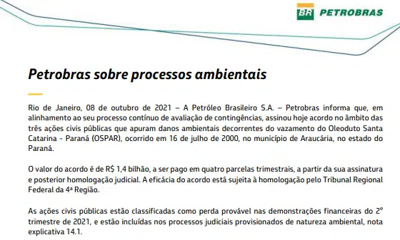 Petrobras assina acordo referente a 3 ações civis públicas que apuram danos ambientais