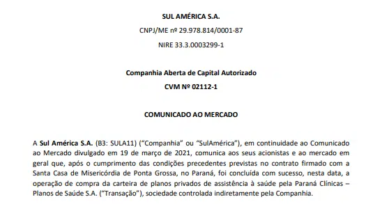 SulAmérica conclui aquisição da carteira de planos privados de saúde da Paraná Clínicas