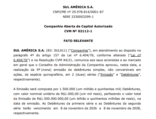 Sulamérica Anuncia 9º Emissão De Debêntures Simples