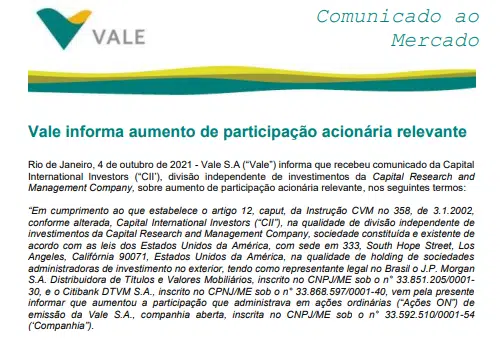 Vale: Capital International lnvestors eleva participação na mineradora