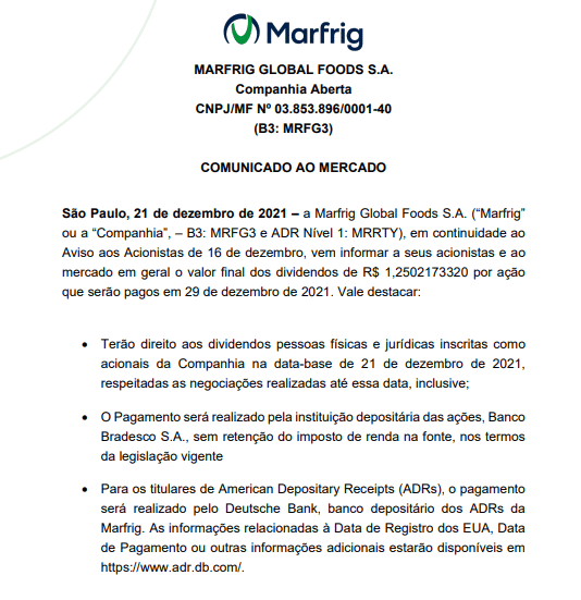 Marfrig vai pagar dividendos dia 29 de dezembro