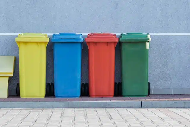Imagem mostra caixas de reciclagem para lixo.